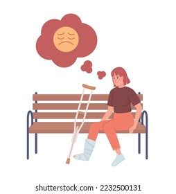 Woman with broken leg on bench semi flat color vector character. Editable figure. Full body person on white. Injury simple cartoon style illustration for web graphic design and animation