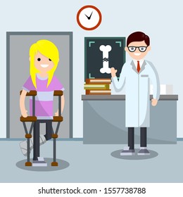 Woman with a broken leg in plaster at doctor's office in hospital. Girl with injury on crutches. Medical care. Medic at work. Health problem. Cartoon flat illustration. Photo x-ray bone fracture