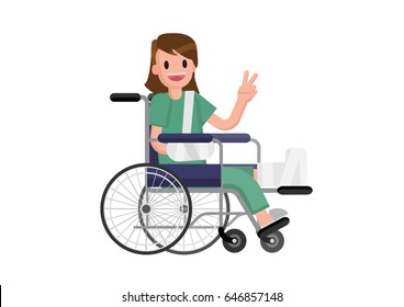 A woman with broken leg sitting in the wheelchair. A Woman in a wheelchair with broken bone. vector flat design illustration. isolated on white background.