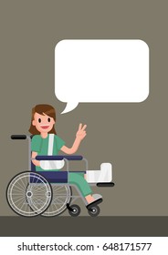 A woman with broken leg sitting in the wheelchair. A Woman in a wheelchair with broken bone. vector flat design illustration. isolated on white background.