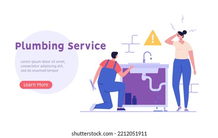 Woman with broken sink pipe. Call master fixing heater, pipes. Professional engineers check the boiler. Concept of plumbing service, home master, handyman. Vector illustration cartoon design