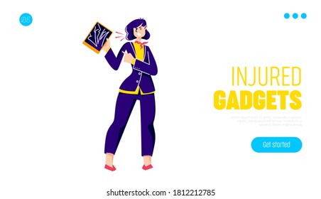 Woman with broken tablet computer with cracks on screen at template landing page background for modern gadget repair service and tech support. Vector illustration