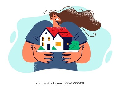 Woman broker or realtor holding model of house offering assistance in getting mortgage or finding good home. Girl with miniature house symbolizes happy housewife who invested profitably in real estate