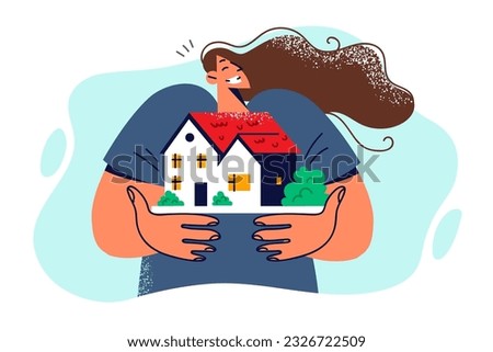 Woman broker or realtor holding model of house offering assistance in getting mortgage or finding good home. Girl with miniature house symbolizes happy housewife who invested profitably in real estate