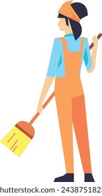Woman with broom in professional cleaner uniform. Floor dusting