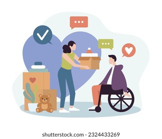 Woman brought charitable donation to man in wheelchair. Volunteer helps disabled people at home. Female vector character is engaged in targeted delivery of charity aid. Charity and donations