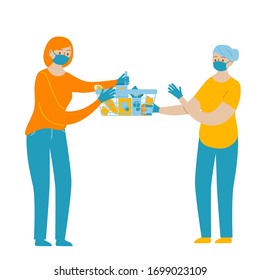 Woman brought food to an elderly mother. Quarantine social distancing period of pandemic corona virus or covid-19.