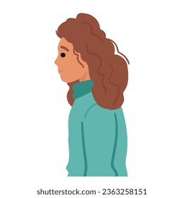 La Mujer Con El Pelo Marrón Y Curly Se Pone A La Vista Del Perfil, Con Los Cerraduras Enmarcando Su Cara Con Claridad Mientras Miraba Por Delante. La Persona Adulta Femenina usa la Visión Secundaria de Sweater Stands Side. Ilustración de vectores de personas de caricatura