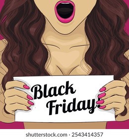 Woman with brown curly hairs hold sign Black Friday. Her breast covered with nameboard. Girl open the mouth with astonishment, surprised, womdering