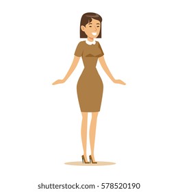 Woman In Brown Dress Overwhelmed With Happiness And Joyfully Ecstatic, Happy Smiling Cartoon Character