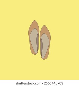 Woman brown flat shoes vector illustration on yellow background. Casual footwear