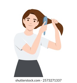 Woman with brown hair brushing her hair with a blue brush. Flat vector illustration isolated on white background