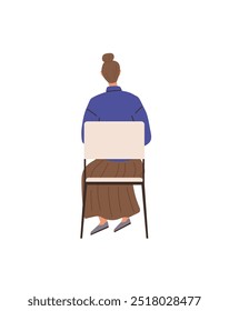 A woman with brown hair in a bun sits on a chair, facing away. She wears a blue top and a brown skirt. Ideal for themes of solitude, contemplation, relaxation, simplicity and quiet. Minimalist vector