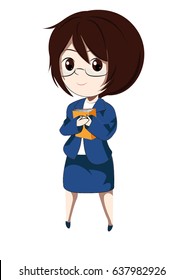 Woman with brown hair and hazel eyes in blue suit wearing glasses holds an orange paper holder in her hands