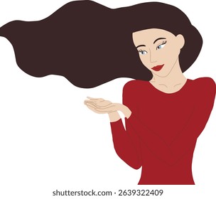 Woman with brown hairs stand with her arms extended and bent. Palms up. She looks at her hands or keep something, Concept illustration
