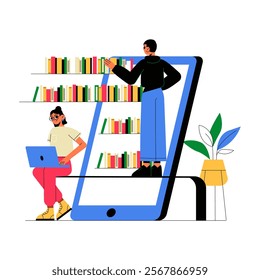 Woman Browsing Bookshelves Through Giant Smartphone In Flat Vector Illustration Symbolizing E Library And Online Learning, Isolated On White Background.