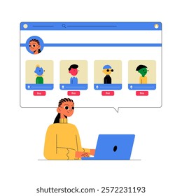 Woman Browsing Digital Avatars In Flat Vector Illustration Symbolizing Online Shopping, Virtual Characters, And Digital Products, Isolated On White Background