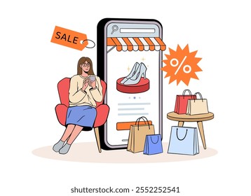 Woman browsing fashion deals on her phone