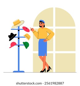Woman Browsing Hats On A Rack In Flat Vector Illustration Symbolizing Fashion Exploration, Accessories Selection, And Personal Style Choices, Isolated On White Background