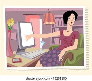 Woman is browsing the Internet or searching something on her local drives.
Editable vector EPS v9.0