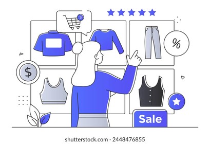 A woman browsing an online clothing sale. Abstract concept of e-commerce shopping. Line art style flat vector illustration