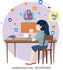 Woman browsing online with social media reactions