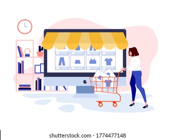 A woman is browsing in online store to buy some new clothes and fancy things. She search best things from this activity. Patience and millennials woman. Vector with pastel colors