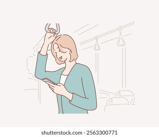 woman browsing and typing messages in a public bus. Hand drawn style vector design illustrations.	