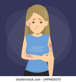 Woman with bruises on the skin. Health injury, bruised girl. Vector illustration in cartoon style