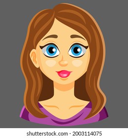 Woman brunette avatar. A cute character with long hair and blue eyes. The person smiles. Female with makeup. Head front view. Profile for social networks or fashion.