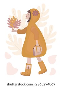 Woman brunette with bob hairstyle is on an autumn walk, girl in a raincoat with a hood, lady with a bouquet of autumn leaves, fall color vector illustration in boho style