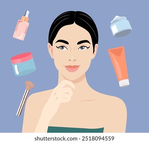 woman brunette chooses cosmetics. the girl around her is different types of cosmetics, the girl is thinking about cosmetics. cream serum, makeup. vector illustration for cosmetics store