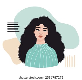 Woman Brunette with Long Hair. Minimalist Female Portrait with abstract geometric shapes background. Vector illustration