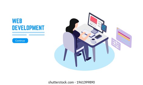 Woman, brunette, in office working at computer. Landing page template of Standing Desk isometric.