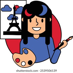 Uma mulher com um pincel e uma paleta pintou uma imagem de uma paisagem francesa pitoresca, completa com a icônica ilustração vetorial da Torre Eiffel