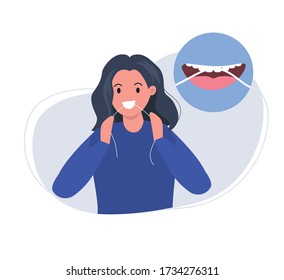 Woman brushes teeth with dental floss. How to brush teeth correctly. Smiling mouth with healthy teeth. Oral hygiene and dental  procedures concept. Cute vector illustration in flat