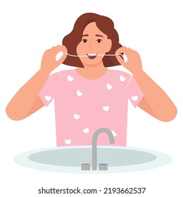 Woman brushes teeth with dental floss in bathroom. Smiling mouth with healthy teeth. Oral hygiene and daily routine concept. Vector illustration iisolated on white background
