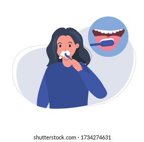Woman brushes tongue with a toothbrush. How to brush teeth correctly. Smiling mouth with tongue and healthy teeth. Oral hygiene and dental  procedures concept. Cute vector illustration in flat