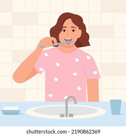 La mujer se cepilla la lengua con un cepillo de dientes. boca sonriente con lengua y dientes sanos. Concepto de higiene bucal y procedimientos dentales. Ilustración de vector de corte en plano