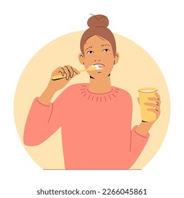 Woman brushing her teeth with toothbrush and toothpaste. Isolated vector flat cartoon illustration. Hygiene and dental care concept.