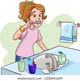 Woman brushing her teeth vector illustration.