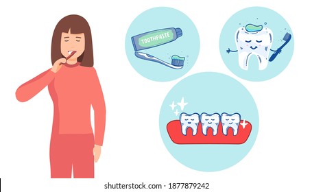 woman brushing his teeth. Vector illustration of a flat design. teeth cleaning, healthy teeth. concept, infographic.