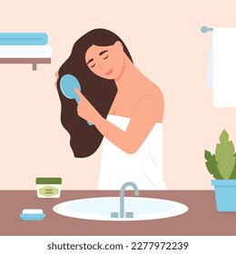 Woman brushing long healthy hair in bathroom. Lady holding comb in hand. Daily routine, spa, self care activity. Hair care concept. Vector illustration