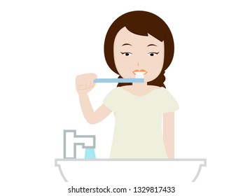 woman brushing teeth.