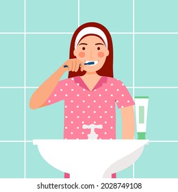 Woman brushing teeth in the bathroom in flat design. Female cleaning teeth to prevent tooth decay. Dental care.