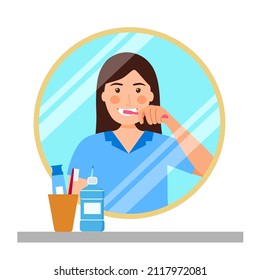 Woman brushing teeth in the bathroom in flat design. Female cleaning teeth to prevent tooth decay. Dental care.
