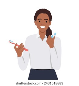 Woman brushing teeth in the bathroom. Flat vector illustration isolated on white background