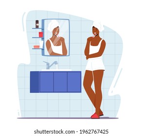 Woman Brushing Teeth. Female Character Hygiene Procedure in Bathroom. Young Adorable Girl in Nightwear Stand front of Mirror and Sink Applying Every Day Routine Procedure. Cartoon Vector Illustration