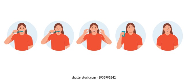 Woman brushing teeth stages. Collection. Dental care and hygiene. Brush your teeth, tongue, floss, rinse your mouth.Flat vector illustration