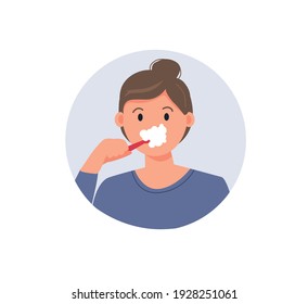 Mujer cepillando dientes con cepillo de dientes. Atención dental e higiene. Ilustración vectorial plana